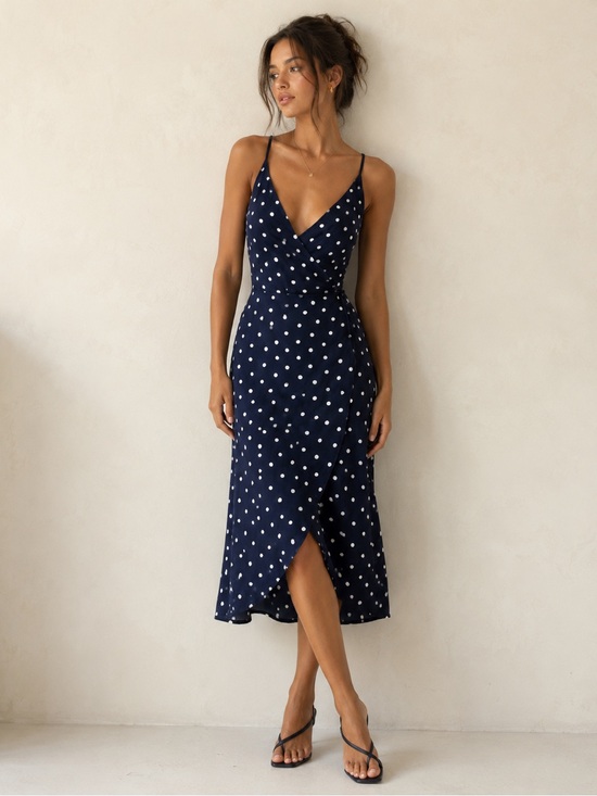 Bardot Dresses & Skirts - Bardot Navy Polka Dot Wrap Midi Dress V-Neck Size 6